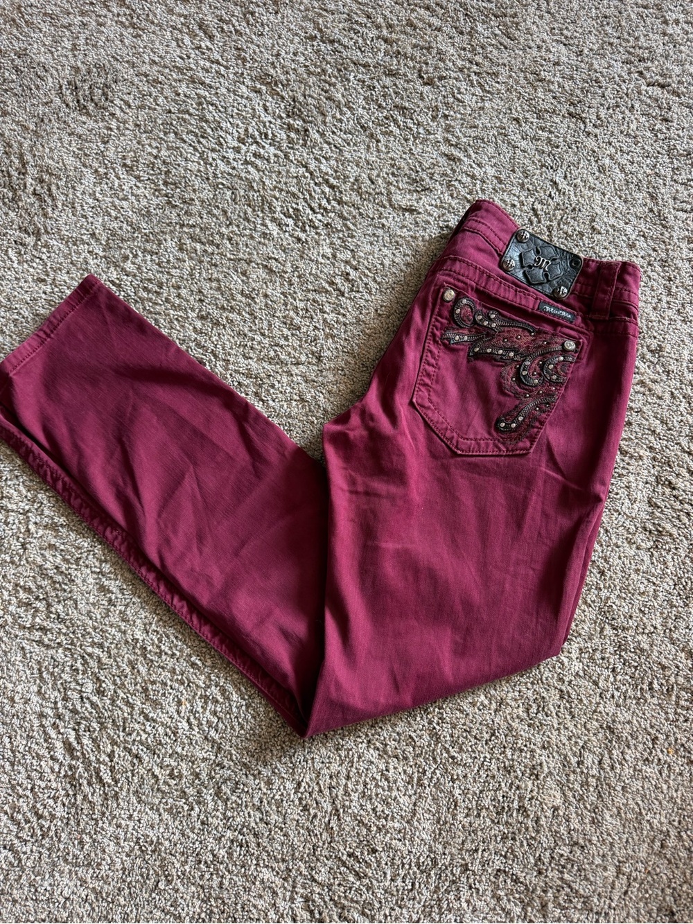 Miss Me Wine Skinny Jeans with Studded Embroidered Back Pockets